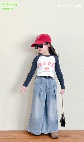 M5580 - Set Mia Kids áo thun trắng PEAPEA tay navy - quần jean ống xuông size 2 - 12y