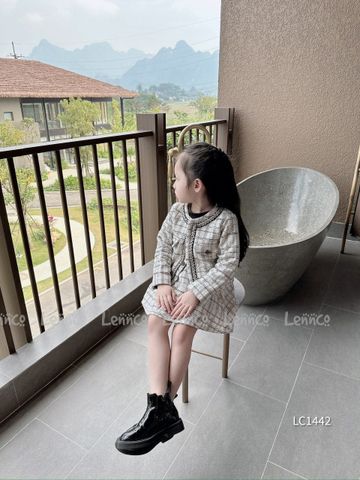 V00165 - Set áo khoác + chân váy dạ tweed kem phối đen size 1 - 10y
