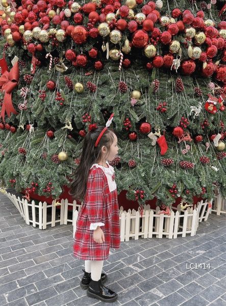 V00093 - Váy thô cà bông caro đỏ xanh phối cổ trắng đính nơ BG size 1 - 10y