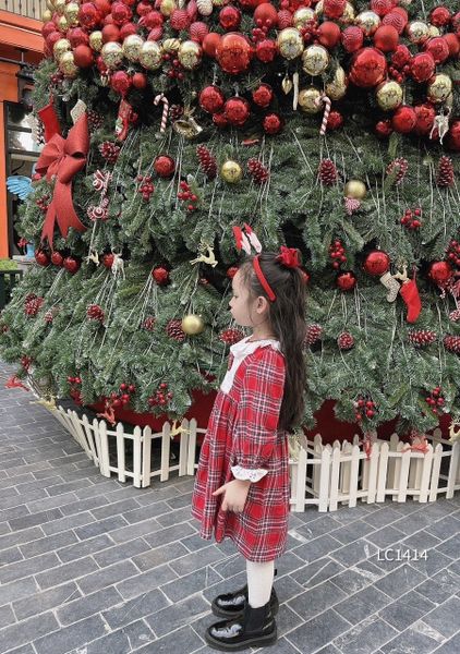 V00093 - Váy thô cà bông caro đỏ xanh phối cổ trắng đính nơ BG size 1 - 10y