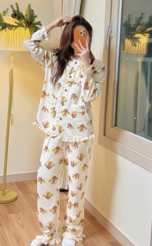 BM2508PJ02 - Pyjama Beemon vải tổ ong màu be họa tiết cho Mẹ freesize 50-65kg