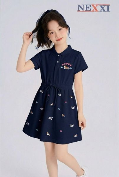 2509.82 - Váy polo cá sấu Nexxi rút eo in cún puppy size 9-14y