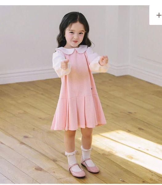 V00011 - Váy nỉ kẻ hồng phối cổ sen - tay trắng size 110 - 150