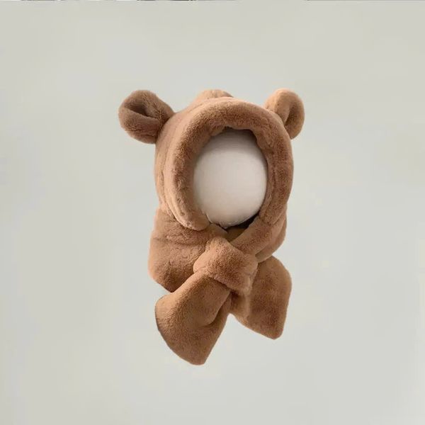 PK08 - Mũ choàng lông liền khăn tai gấu trơn màu cho bé Free size 2 - 6y