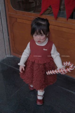 25192 - Set áo len + váy Fanxiaoke màu đỏ bé gái size 80-120