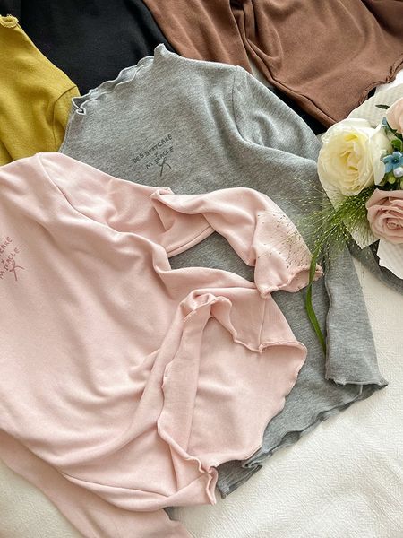 ABG10 - Áo cổ bèo AMBB vải thun giữ nhiệt in chữ bé gái size 90-170