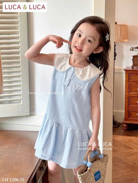 LU 1206 - Váy Luca sát nách cổ sen trắng thêu nơ ngực 2 màu hồng/xanh bé gái size 2-12y