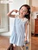 LU 1206 - Váy Luca sát nách cổ sen trắng thêu nơ ngực 2 màu hồng/xanh bé gái size 2-12y
