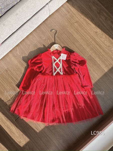 V00114 - Váy nhung phối chân voan 2 màu hồng / đỏ size 12m - 10y