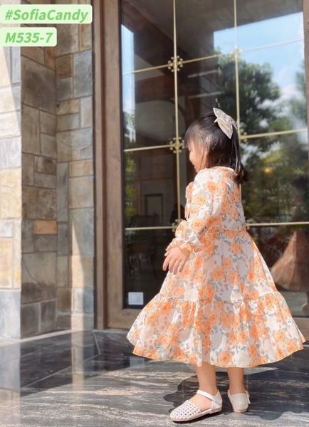 V00079 - Váy voan tơ dài tay buộc nơ cổ 10 màu hoa