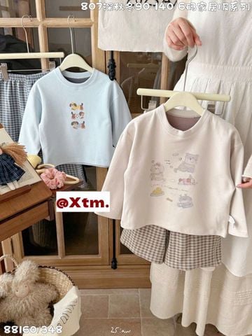88160 - Bộ nỉ dày đại hàn LNX màu be hình cún - quần kẻ size 90 - 140