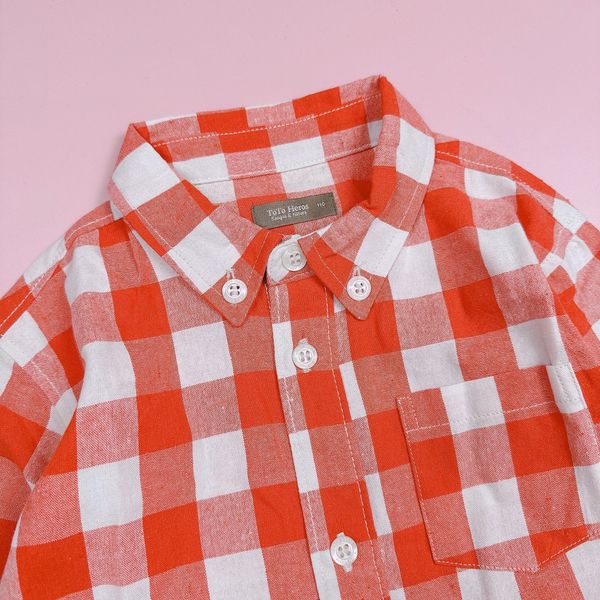 ABT88 - Áo sơ mi linen Toto Heros caro trắng đỏ thêu Feel So Good size 110 - 150