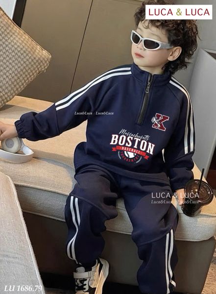 Lu 1686 - Bộ nỉ hai da Luca Boston cổ kéo khóa màu navy bé trai size 2-12y