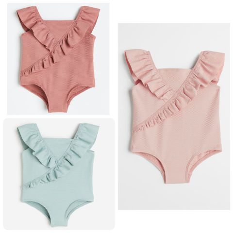 DB00017 - Bộ bơi liền tổ ong bèo vạt 3 màu hồng nhạt / mint / hồng đất size 6m - 4y