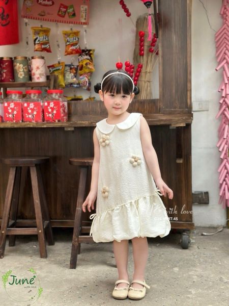 VJ125 - Váy June cổ sen trắng đính hoa nổi nhiều màu cho bé size 1-10y