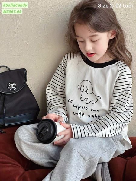 M5567 - Bộ Mia Kids áo cotton trắng cún phối tay kẻ đen - quần nỉ màu ghi size 2 - 12y