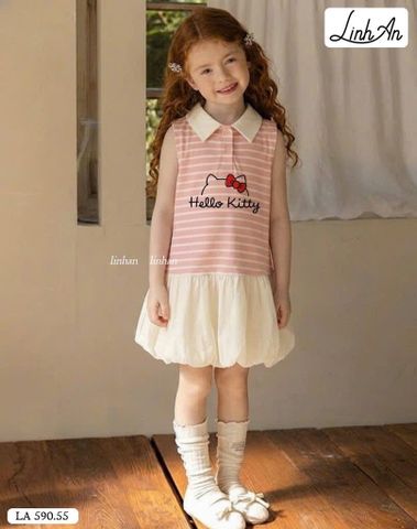 DLACC.590 - Váy Linh An sát nách thân kẻ hồng kitty phối chân bí kem size 2-12y
