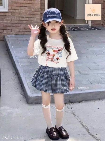 JJBCC.7528 - Set Jam&Jenny áo cotton trắng hình cún - chân váy bí caro xanh đính nơ size 2 - 12y