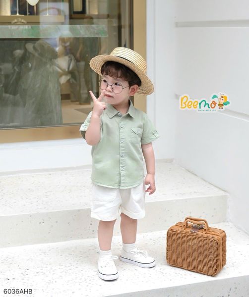 6036AHB - Áo sơ mi Beemo cổ đức, túi cách điệu size 1-6y