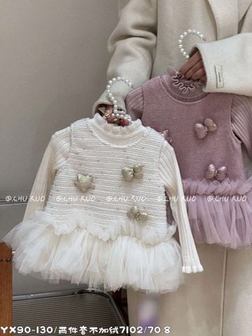 7102 - Set áo len tăm + váy dạ đính nơ sao 2 màu hồng/kem size 90-130