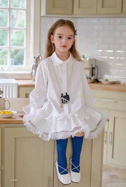V00004 - Váy sơ mi thô phối chân voan 2 màu trắng / xanh size 12m - 10y