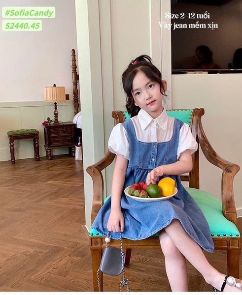 V00039 - Váy Sofia Candy jean phối cổ sơ mi trắng có tay size 2-12y