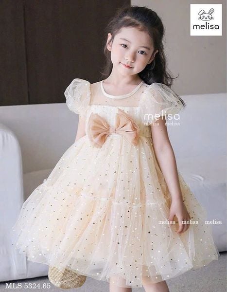 MLS 5324 - Váy công chúa Melisa màu be sao đính nơ bé gái size 2-12y