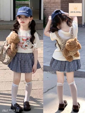JJBCC.7528 - Set Jam&Jenny áo cotton trắng hình cún - chân váy bí caro xanh đính nơ size 2 - 12y