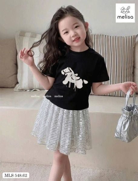 MLSBCC.548 - Bộ bé gái Melisa áo đen in ngựa + chân váy kim sa size 2-12y