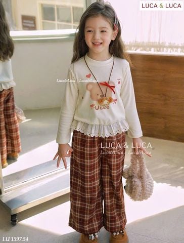 Lu 1597 - Bộ bé gái Luca áo dài tay in gấu phối ren + quần dài kẻ size 2-12y