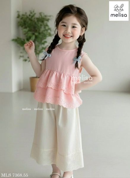 MLSBCC.7368 - Bộ Melisa áo hồng sát nách + quần ren kem bé gái size 2-12y