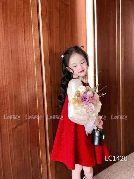 V00115 - Váy nhung đỏ nhũ tay phối voan tơ màu kem size 1-10y