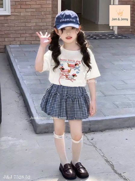 JJBCC.7528 - Set Jam&Jenny áo cotton trắng hình cún - chân váy bí caro xanh đính nơ size 2 - 12y