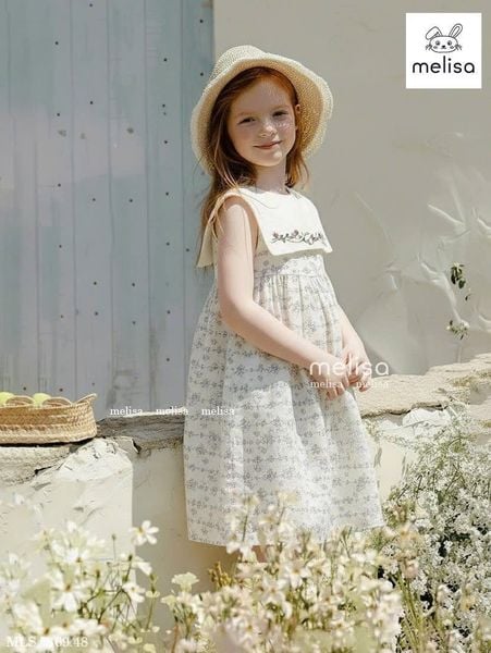 MLSDCC.7469 - Váy linen sát nách Melisa màu kem hoa dây cổ yếm trắng thêu size 2 - 11y
