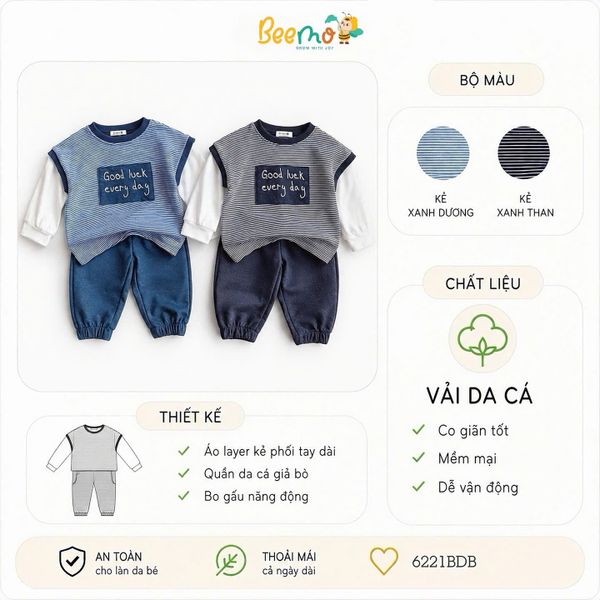 6221BDB - Bộ dài tay Beemo phối sọc 2 màu bé trai size 1-6y