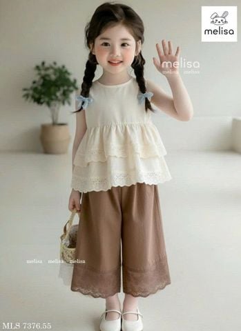 MLSBCC.7376 - Bộ Melisa áo ren kem + quần nâu ren size 2-12y