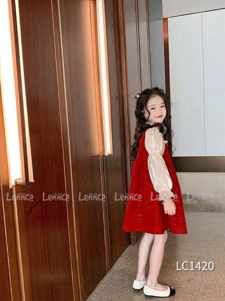 V00115 - Váy nhung đỏ nhũ tay phối voan tơ màu kem size 1-10y