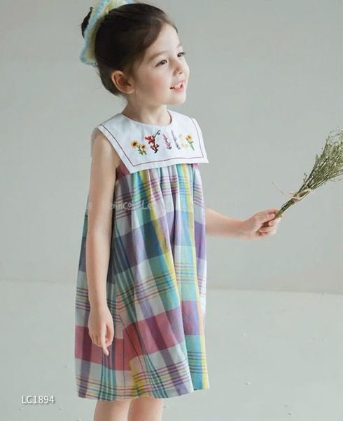 LC1894 - Váy Lennco kẻ caro sắc màu cổ yếm size 1-10y