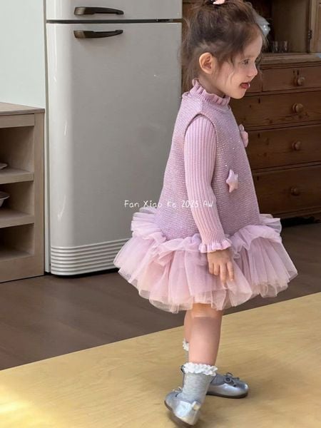 F25111 - Set 2ct QC Fanxiaoke áo len tăm + váy công chúa hồng/kem size 80-120
