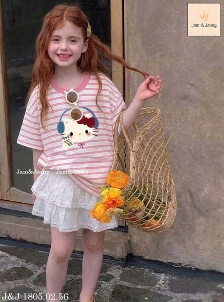 JJBCC.1805 - Bộ Jam & Jenny áo kitty kẻ + chân vay 2 màu size 2 - 12y