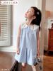 LU 1206 - Váy Luca sát nách cổ sen trắng thêu nơ ngực 2 màu hồng/xanh bé gái size 2-12y