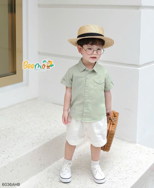 6036AHB - Áo sơ mi Beemo cổ đức, túi cách điệu size 1-6y