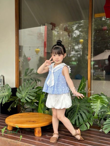 VJ145 - Set bộ June with love áo thủy thủ kẻ xanh + quần bí bé gái size 1-10y