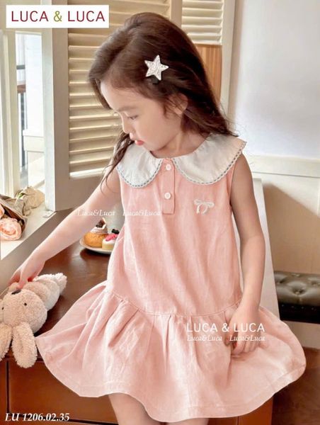 LU 1206 - Váy Luca sát nách cổ sen trắng thêu nơ ngực 2 màu hồng/xanh bé gái size 2-12y