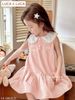 LU 1206 - Váy Luca sát nách cổ sen trắng thêu nơ ngực 2 màu hồng/xanh bé gái size 2-12y