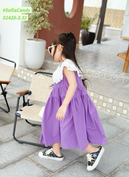 V00034 - Váy Sofia Candy tiểu thư trơn sắc màu phối cổ thêu trắng size 2-12y