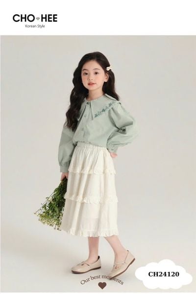 V00162 - Set Oli River áo sơ mi xanh mint thêu hoa cổ - chân váy trắng bèo tầng size 2 - 11y