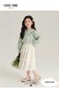 V00162 - Set Oli River áo sơ mi xanh mint thêu hoa cổ - chân váy trắng bèo tầng size 2 - 11y