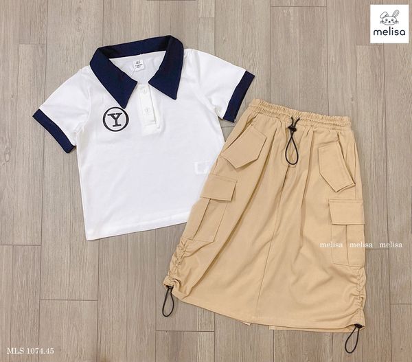 MLS212 - Set Melisa áo trắng cổ đức + chân váy kaki dài túi hộp size 2-12y