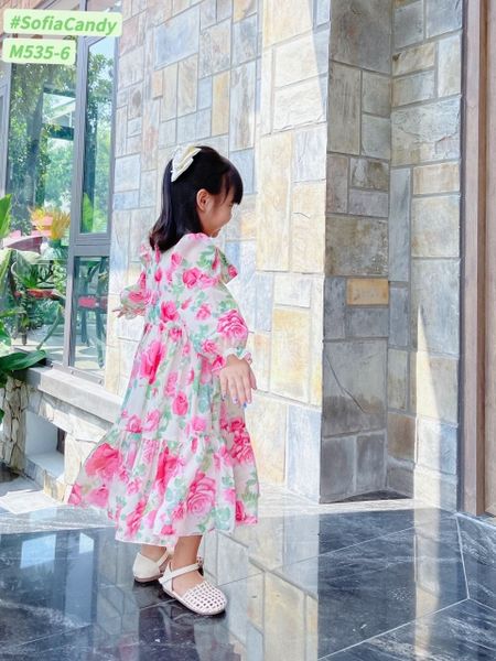 V00079 - Váy voan tơ dài tay buộc nơ cổ 10 màu hoa